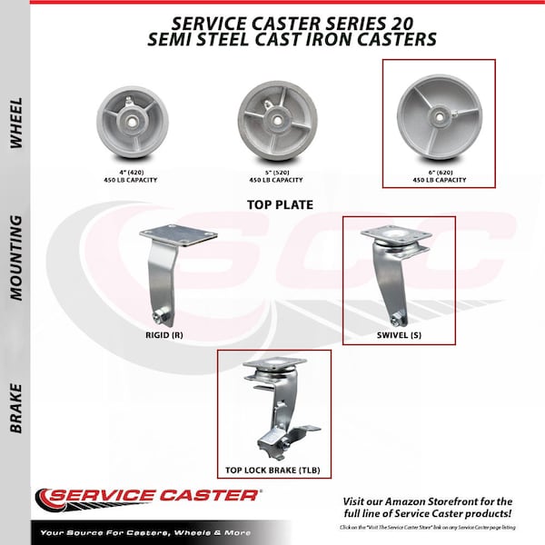 6 Inch Semi Steel Cast Iron Caster Set with Roller Bearings 2 Brakes 2 Rigid
